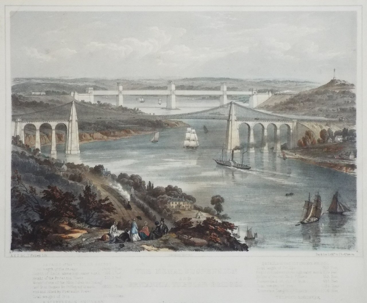Lithograph - The Menai Suspension and Britannia Tubular Bridges. - Picken